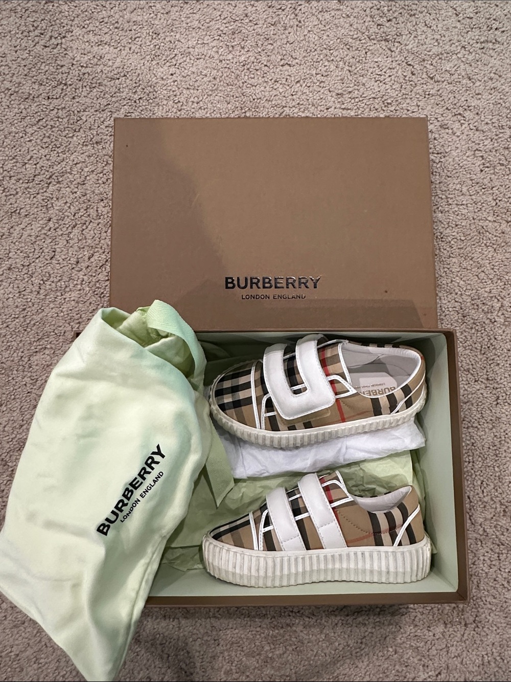 Burberry Kids Nova Check Velcro Sneakers in Beige and White